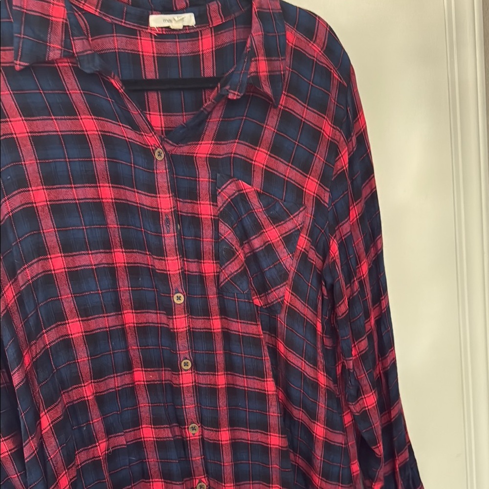 Red and Blue Plaid Flannel Button-Up Shirt